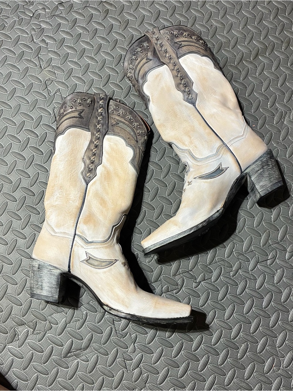Dan Post Cream and Gray Studded Western Heeled Boots